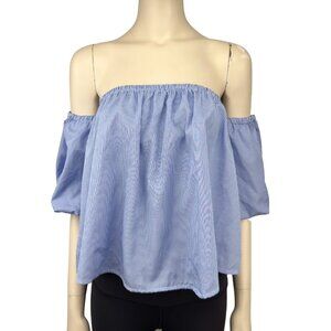 SOPHIE RUE ANTHRO Sailor chic Puff Sleeve Pinstripe Blue White OffShoulder Top M